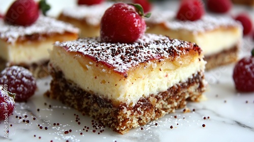  Close-up photo of cake on plate with fresh red raspberries sprinkled with fine powdered sugar, creating a sweet and mouthwatering display