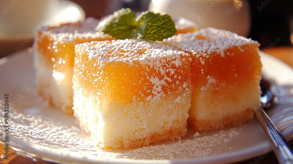 A green leaf sits on a white plate atop a piece of cake A green leaf sits on a white plate atop a piece of cake