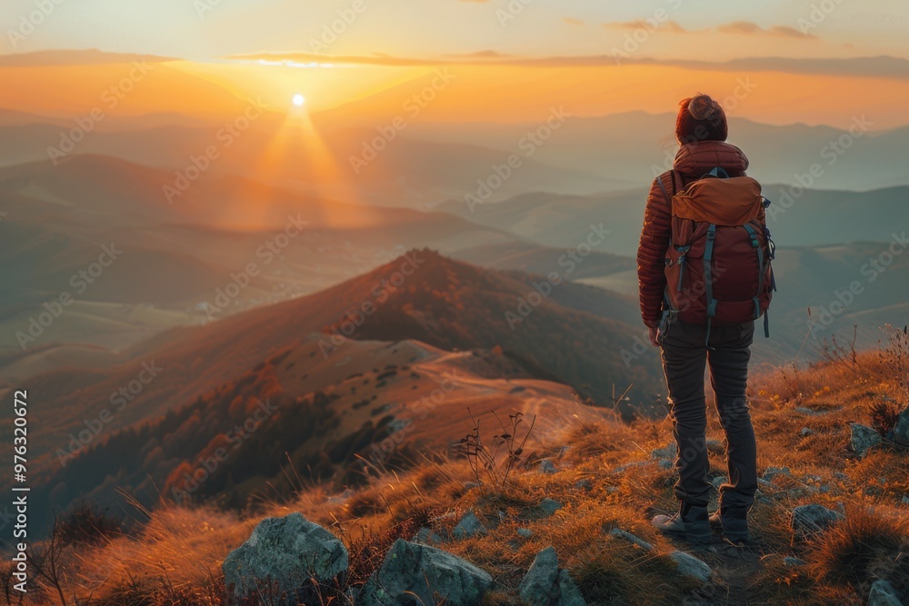 Person standing on a mountain looking at the sunset Person standing on a mountain looking at the sunset