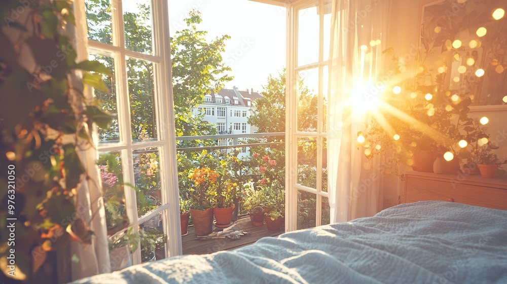 The sun illuminates the room through the window, featuring potted plants on the sill and a bed in the focal point The sun illuminates the room through the window, featuring potted plants on the sill and a bed in the focal point