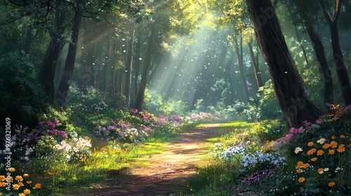 A magical forest path lined with vibrant flowers, bathed in golden sunlight. photo