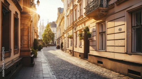 Sunlit Cobblestone Street in European City