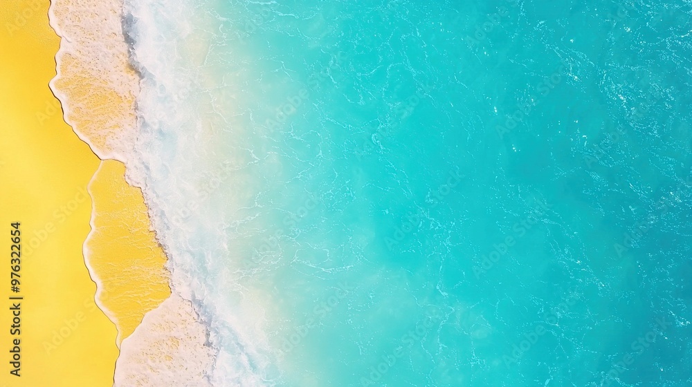 Blue-yellow water, surfboard in fg - bird's eye view of beach Blue-yellow water, surfboard in fg - bird's eye view of beach
