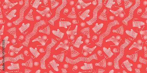 Pattern needlework line art, drawing. Knitting, clothes. Threads, knitting needles. Skeins of wool. Knitted hat, socks, mittens. Vector seamless background.