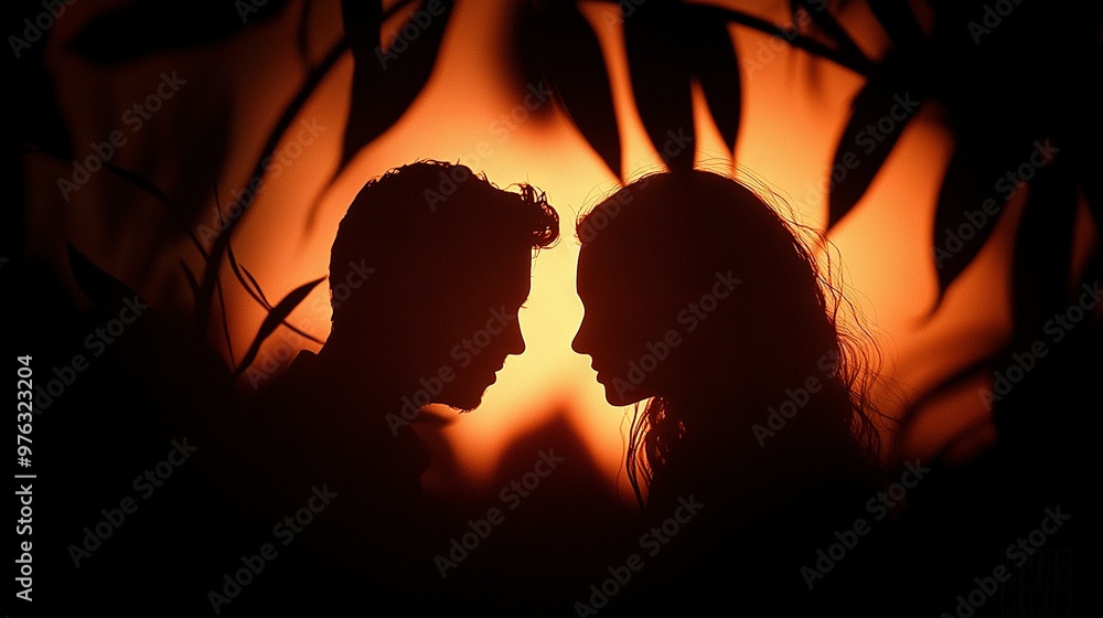 Fotografie Two silhouettes facing each other against a vibrant orange leaf background