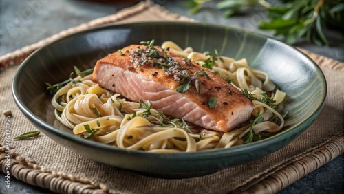 Bowl of Cooked Pasta Topped with Herb-Seasoned Salmon, Deliciously Presented as an Appetizing Gourmet Dish.