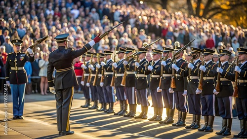 Military Honor Guard Performing Ceremony in Front of Large Crowd