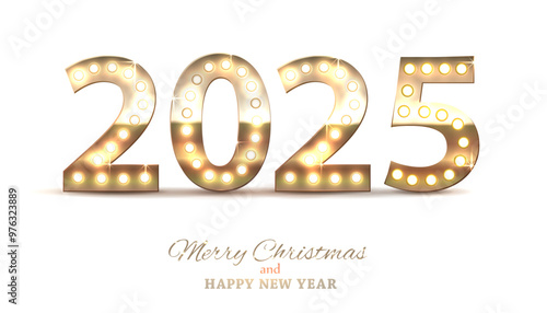 2025 New Year numbers shine  with lamp bulb, classic style.