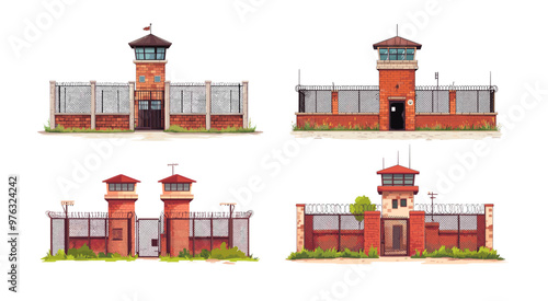Cartoon prison buildings. Red brick walls guarded camp with jails watchtowers, metal gate fence barbed wire grating, prisoners penitentiary convicts security architecture, isolated illustrations