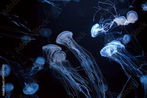 Group of Atlantic sea nettle, Chrysaora quinquecirrha, East Cost sea nettle jellyfish, floating in illuminated aquarium with neon light. Theriology, biodiversity, undersea life, aquatic organism photo