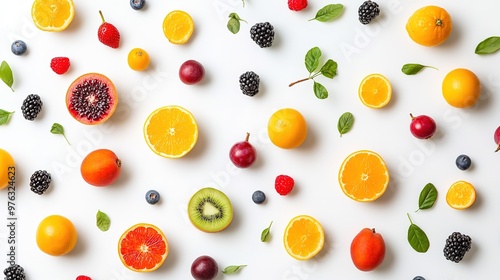 Fresh assorted fruits neatly arranged on a clean white background