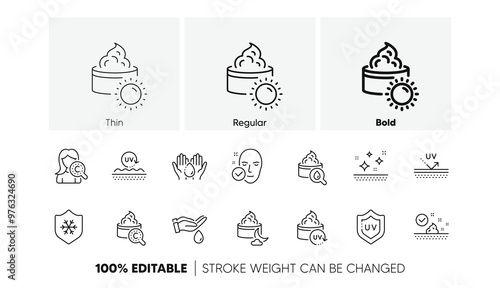 Collagen, Cream, Serum oil and Skincare. Skin care line icons. Face sun lotion gel, Uv protection, vitamin E icons. Face skin care cream protection. Linear set. Line icons set. Vector