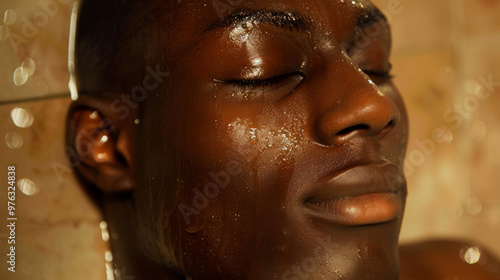 Close-up of a Relaxed Young African American Man Enjoying a Sauna Session, Concept of Wellness, Self-care, and Healthy Lifestyle