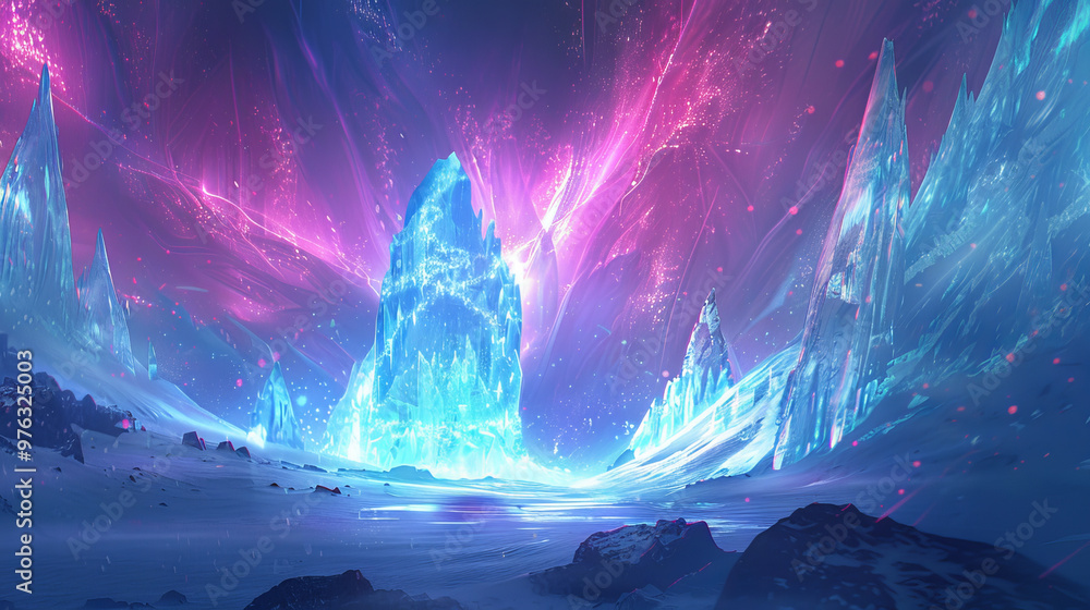 Majestic Ice Mountains Under Vivid Aurora Borealis in a Snowy Landscape. Concept of Winter Wilderness, Arctic Adventure, Celestial Phenomena Majestic Ice Mountains Under Vivid Aurora Borealis in a Snowy Landscape. Concept of Winter Wilderness, Arctic Adventure, Celestial Phenomena