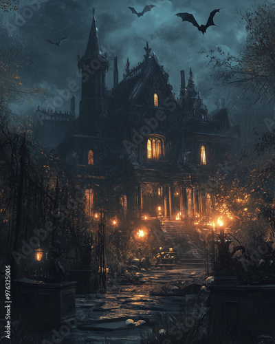 Wallpaper Mural Spooky Gothic Mansion Entrance with Lanterns and Bats on Halloween Night Torontodigital.ca