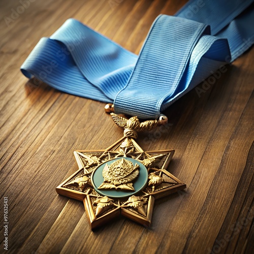 Medal of Honor Displayed on Wooden Surface with Blue Ribbon