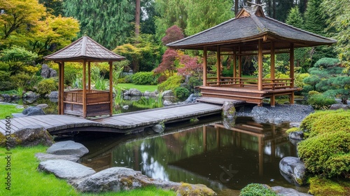 Japanese Garden with Wooden Gazebo and Pond