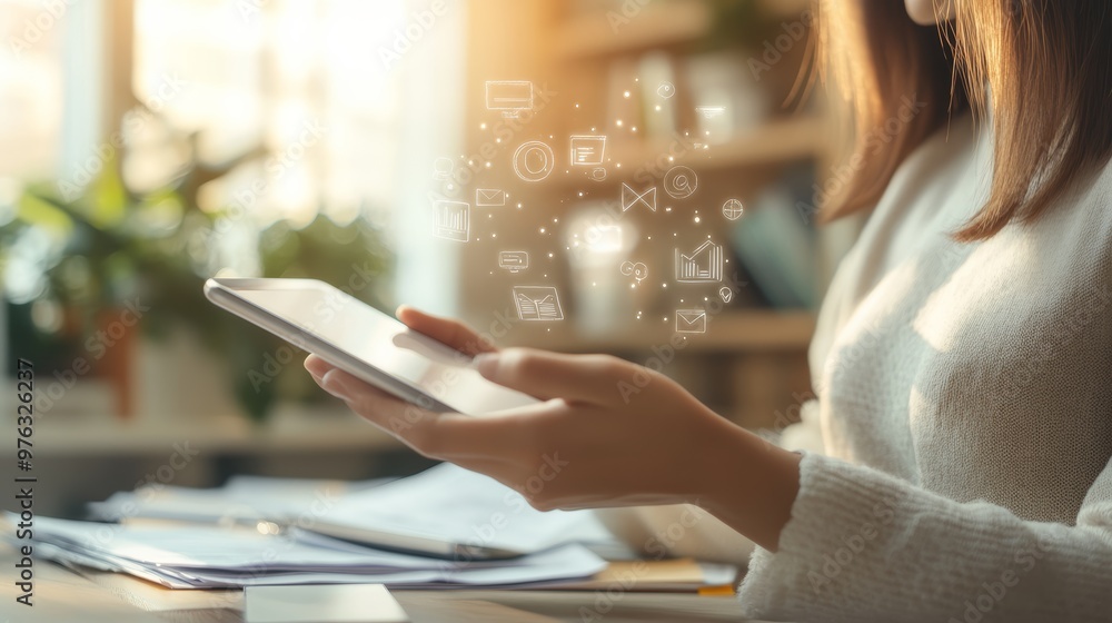 Woman using a smartphone with floating social media icons around her in a cozy indoor environment. Engaging actively with social media platforms. Woman using a smartphone with floating social media icons around her in a cozy indoor environment. Engaging actively with social media platforms.