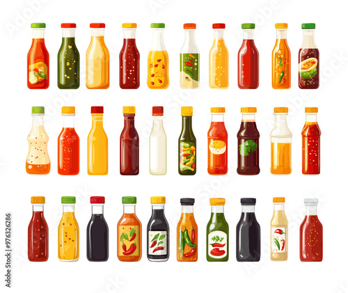Cartoon sauces. Mustard mayonnaise soy ketchup bbq hot chilli pepper glass and plastic bottles condiments dips gravies, isolated vector set on white background