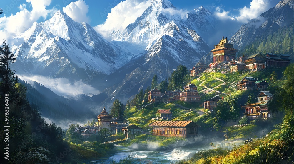 A serene mountain village with traditional architecture nestled at the foot of snow-capped peaks. A serene mountain village with traditional architecture nestled at the foot of snow-capped peaks.