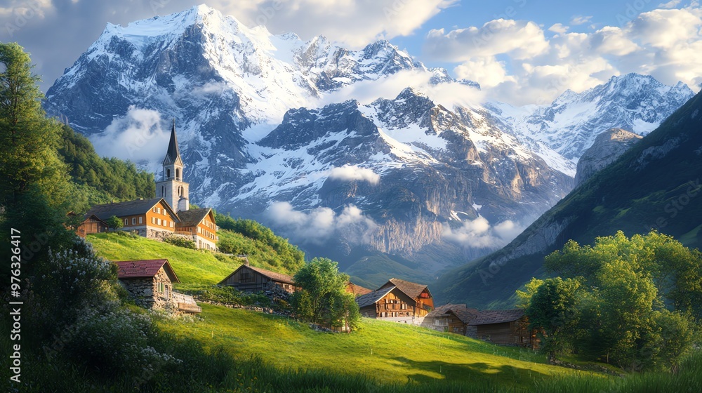 A picturesque village nestled at the foot of majestic snow-capped mountains. A picturesque village nestled at the foot of majestic snow-capped mountains.