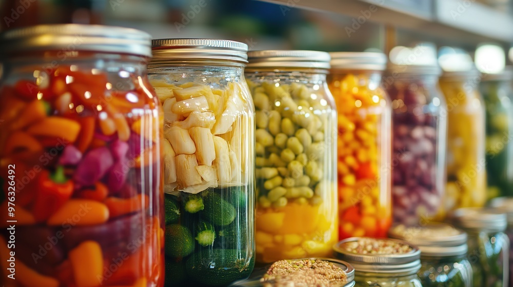 Fermented food jars filled with colorful vegetables, symbolizing a return to traditional food practices Fermented food jars filled with colorful vegetables, symbolizing a return to traditional food practices
