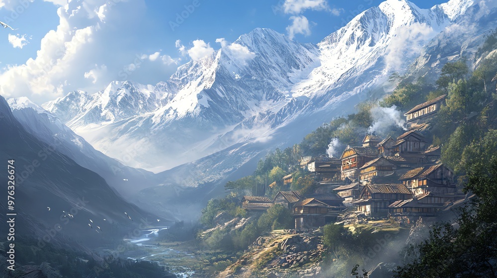 Naklejka premium A tranquil village nestled amidst towering snow-capped mountains.