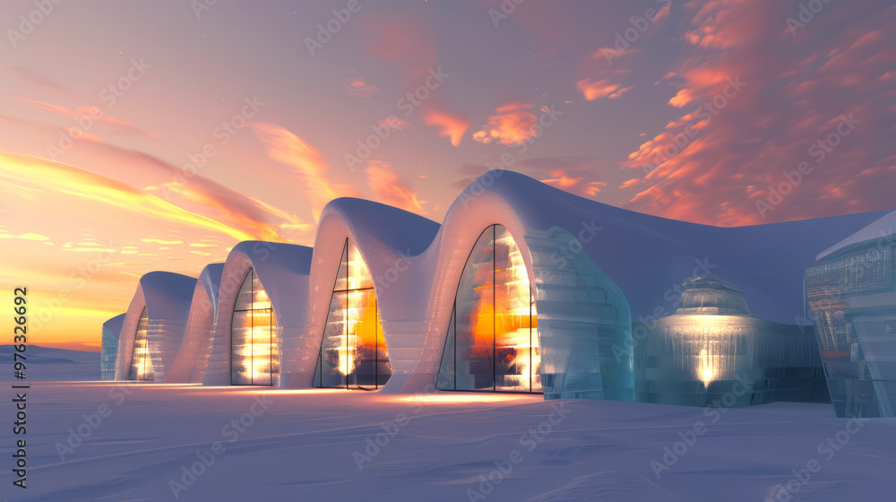 Obraz premium Exterior of an Ice Hotel at Sunset with Pink and Orange Sky Reflecting on Glass Windows. Concept of Winter Travel, Unique Accommodations, and Scenic Beauty