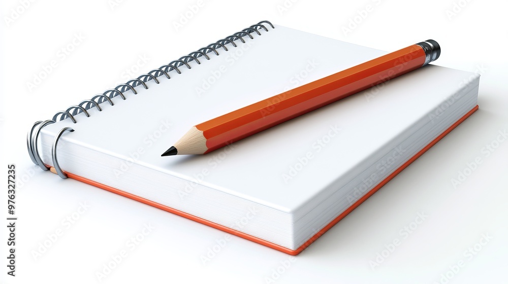3D rendering of a pencil with a notebook featuring a diary page or organizer pad with a spiral binding 3D rendering of a pencil with a notebook featuring a diary page or organizer pad with a spiral binding