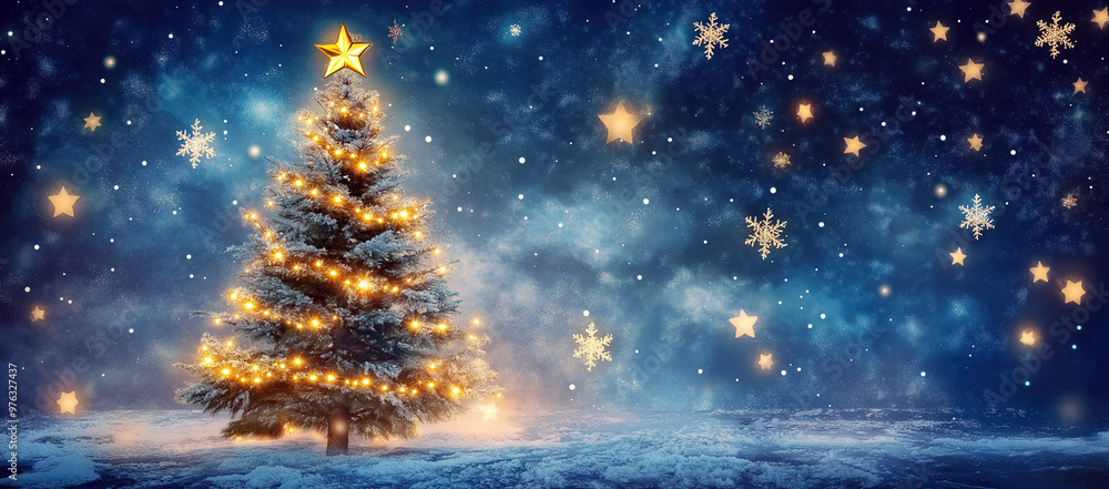 Magical Christmas Tree with Twinkling Lights and Snowy Background