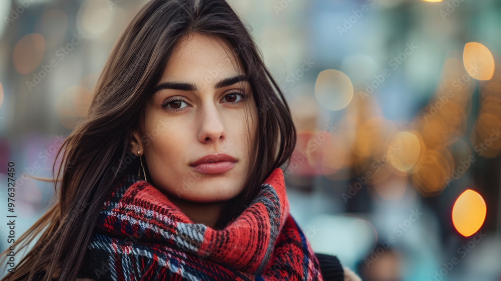 Young woman wearing a red and black plaid scarf with blurred city lights in the background. Concept of winter fashion, urban lifestyle, beauty, and street. Copy space Young woman wearing a red and black plaid scarf with blurred city lights in the background. Concept of winter fashion, urban lifestyle, beauty, and street. Copy space