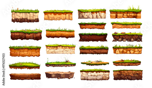 Cartoon soil layers. Geology lands earth ground grass turf loam dirt clay with rocks pebbles and stones underground, fertile arid barren desert terrain surfaces samples, vector isolated illustrations