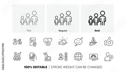 Delete user, Analysis app and Like hand line icons. Pack of Opinion, Global business, Fingerprint icon. Business hierarchy, Loan, Luggage belt pictogram. Sunny weather, Lgbt, Salary. Vector