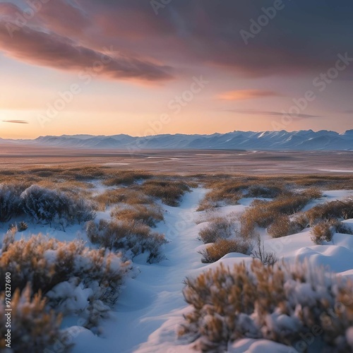 A serene winter landscape featuring snow-covered bushes and distant mountains under a colorful sky at sunrise.