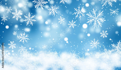 Abstract Winter Snowfall with White Snowflakes on a Blue Background