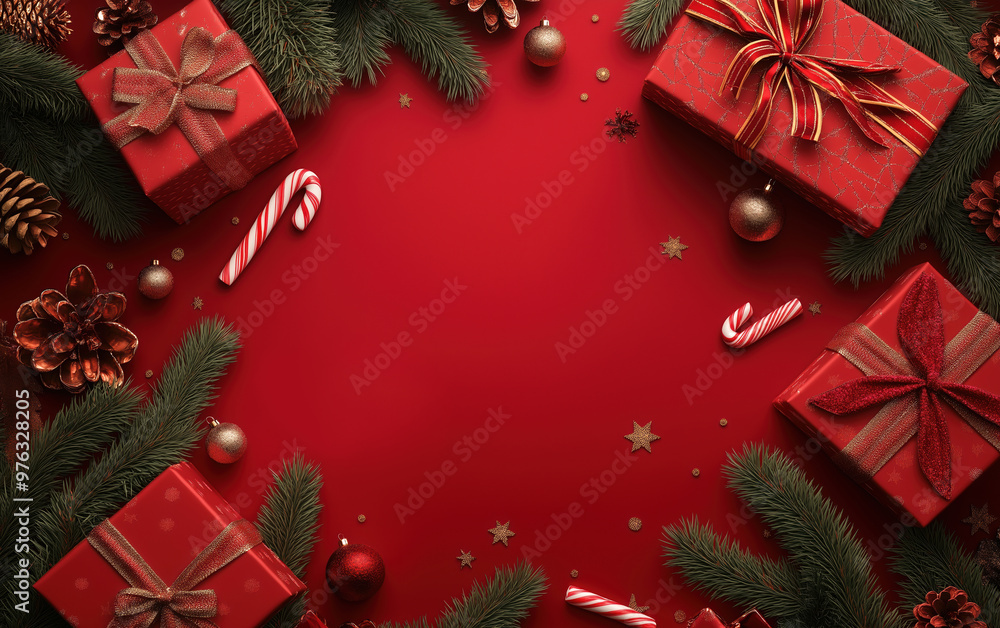 Festive Christmas Gift Arrangement on Red Background Festive Christmas Gift Arrangement on Red Background
