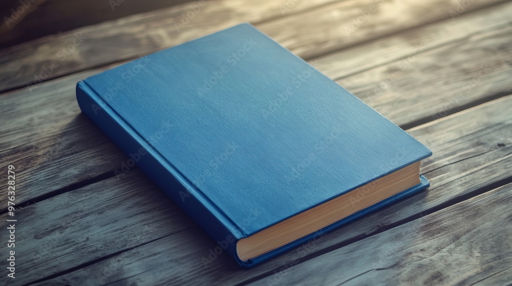 3D vector mockup of a blue book cover showing a closed paperback book lying on a wooden table surface 3D vector mockup of a blue book cover showing a closed paperback book lying on a wooden table surface