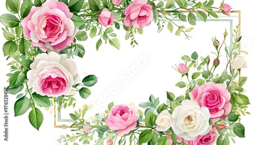 Delicate Watercolor Floral Border of Pink and White Roses with Lush Greenery and Buds, Symbolizing Beauty, Nature, and Romance