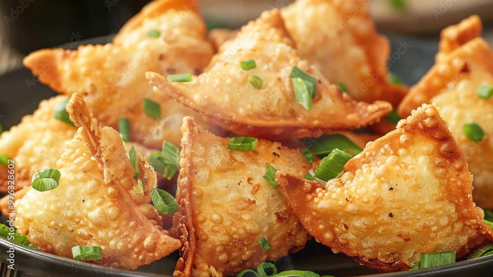 Fried rangoon on the table moves with smoke around Fried rangoon on the table moves with smoke around