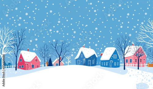 Cozy Winter Village Scene with Snow-Covered Houses