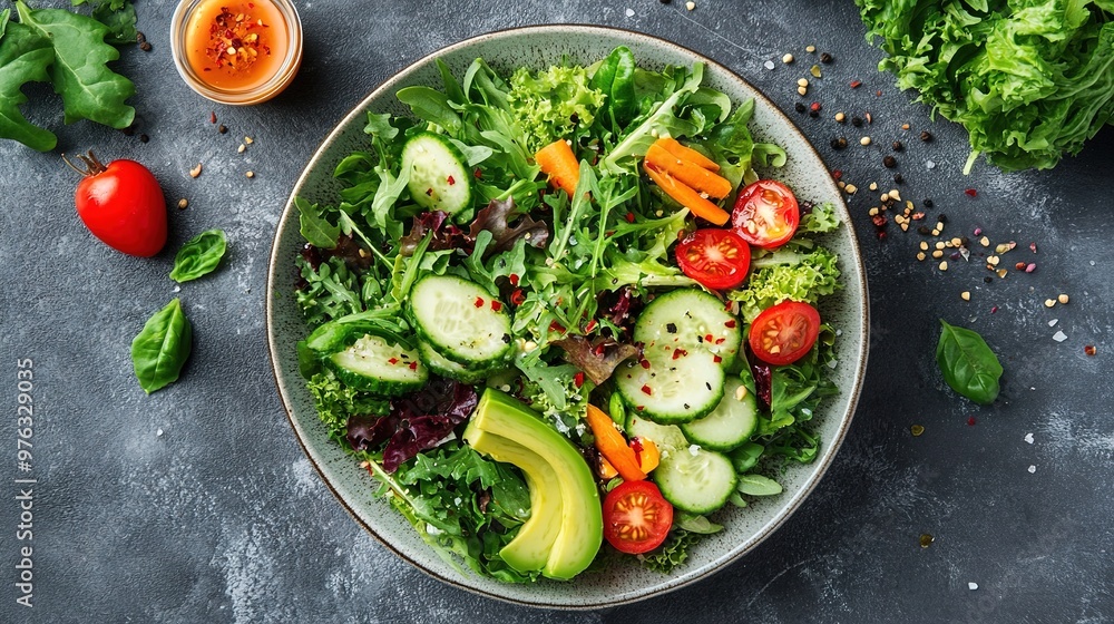 An organic vegetable salad with mixed greens, avocado, and a variety of crunchy vegetables An organic vegetable salad with mixed greens, avocado, and a variety of crunchy vegetables