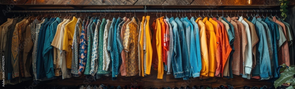 Many different colored shirts hanging on a rack, second hand shop, banner Many different colored shirts hanging on a rack, second hand shop, banner