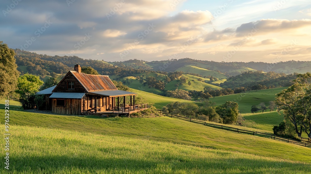 A rustic cabin sits on a hill overlooking rolling green hills and a beautiful sunset sky. A rustic cabin sits on a hill overlooking rolling green hills and a beautiful sunset sky.