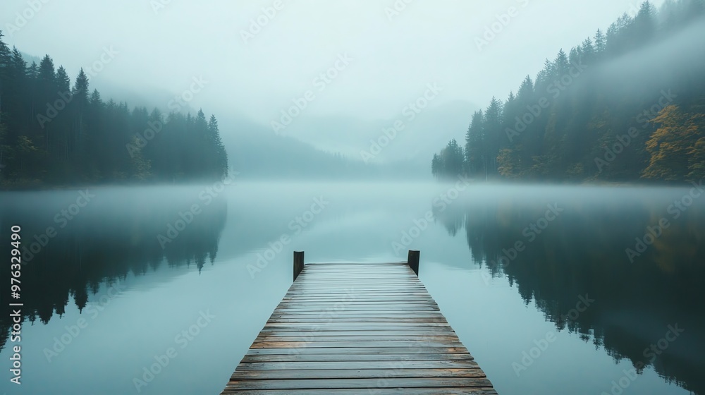 A wooden dock extending into a foggy lake surrounded by lush green trees. A wooden dock extending into a foggy lake surrounded by lush green trees.