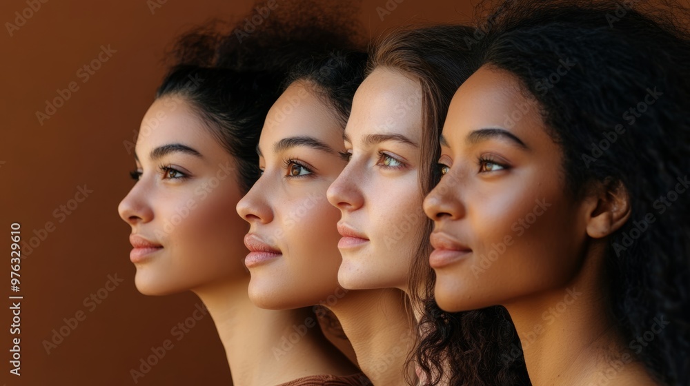 Diverse women in profile, displaying a spectrum of skin tones and features, celebrating beauty in diversity. Diverse women in profile, displaying a spectrum of skin tones and features, celebrating beauty in diversity.