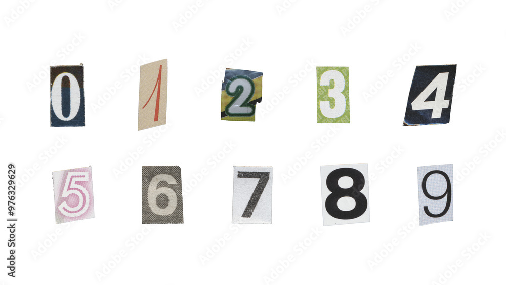 Set of cut-out ransom number from magazines on a transparent background, retro y2k style Set of cut-out ransom number from magazines on a transparent background, retro y2k style