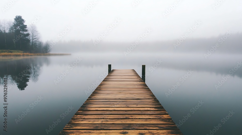 A wooden dock extends into a misty lake. A wooden dock extends into a misty lake.