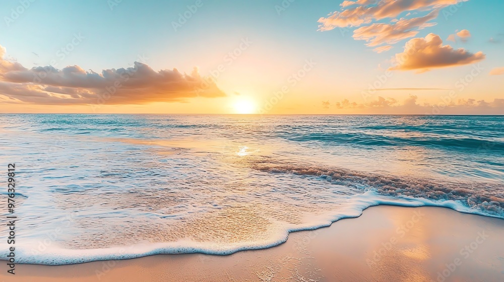 Fototapeta premium A beautiful ocean sunset with golden light reflecting on the water and sand.