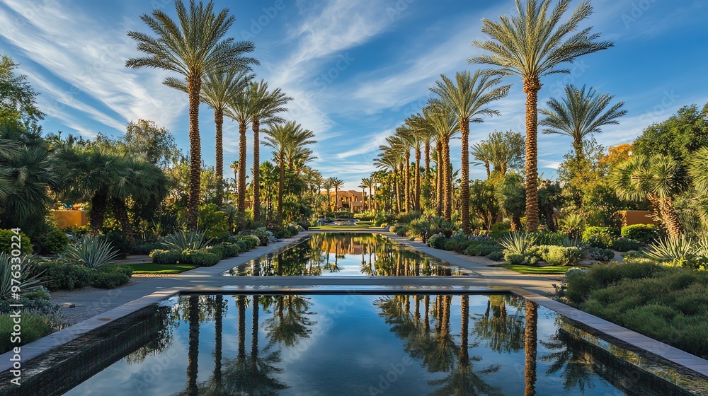 Fototapeta premium A tranquil reflection pool with palm trees lining the path.