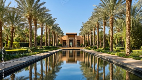 A luxurious resort with palm trees, a reflecting pool and a grand entrance.
